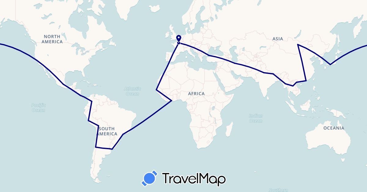 TravelMap itinerary: driving in Argentina, Bolivia, Brazil, Côte d'Ivoire, Chile, Colombia, Costa Rica, France, Hong Kong, India, Iran, Japan, Laos, Morocco, Myanmar (Burma), Mongolia, Mexico, Nepal, Panama, Peru, Senegal, Turkey, United States, Uruguay, Vietnam (Africa, Asia, Europe, North America, South America)